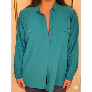 Vintage Katelyn Court Teal Button Up Blouse Size L Long Sleeve Shirt Pockets